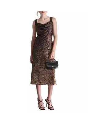 DKNY Bronze Sequin Cowl Neck Midi Dress